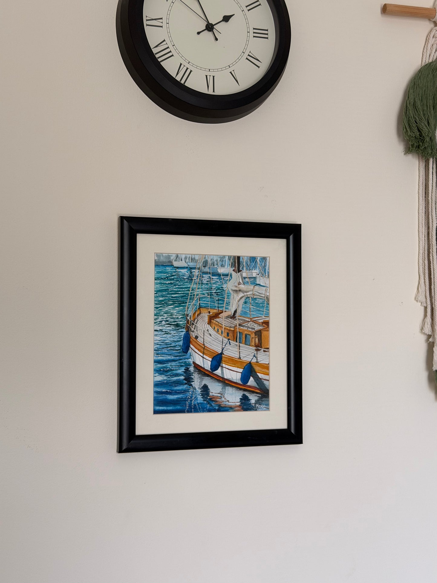 Boat by the bay watercolor painting framed