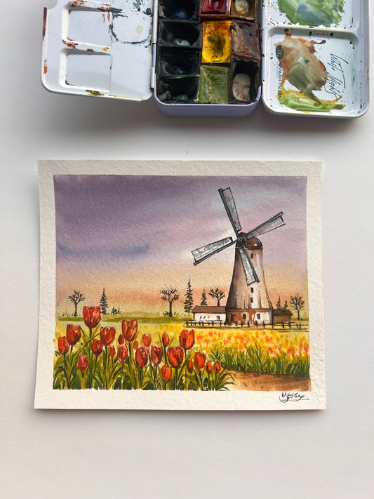 windmill Netherlands painting watercolor