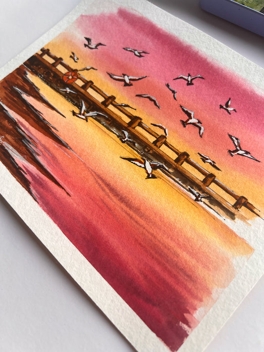 Seagulls on beach painting