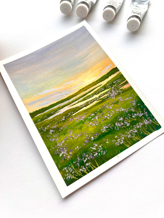 Sunset flower field - Original painting