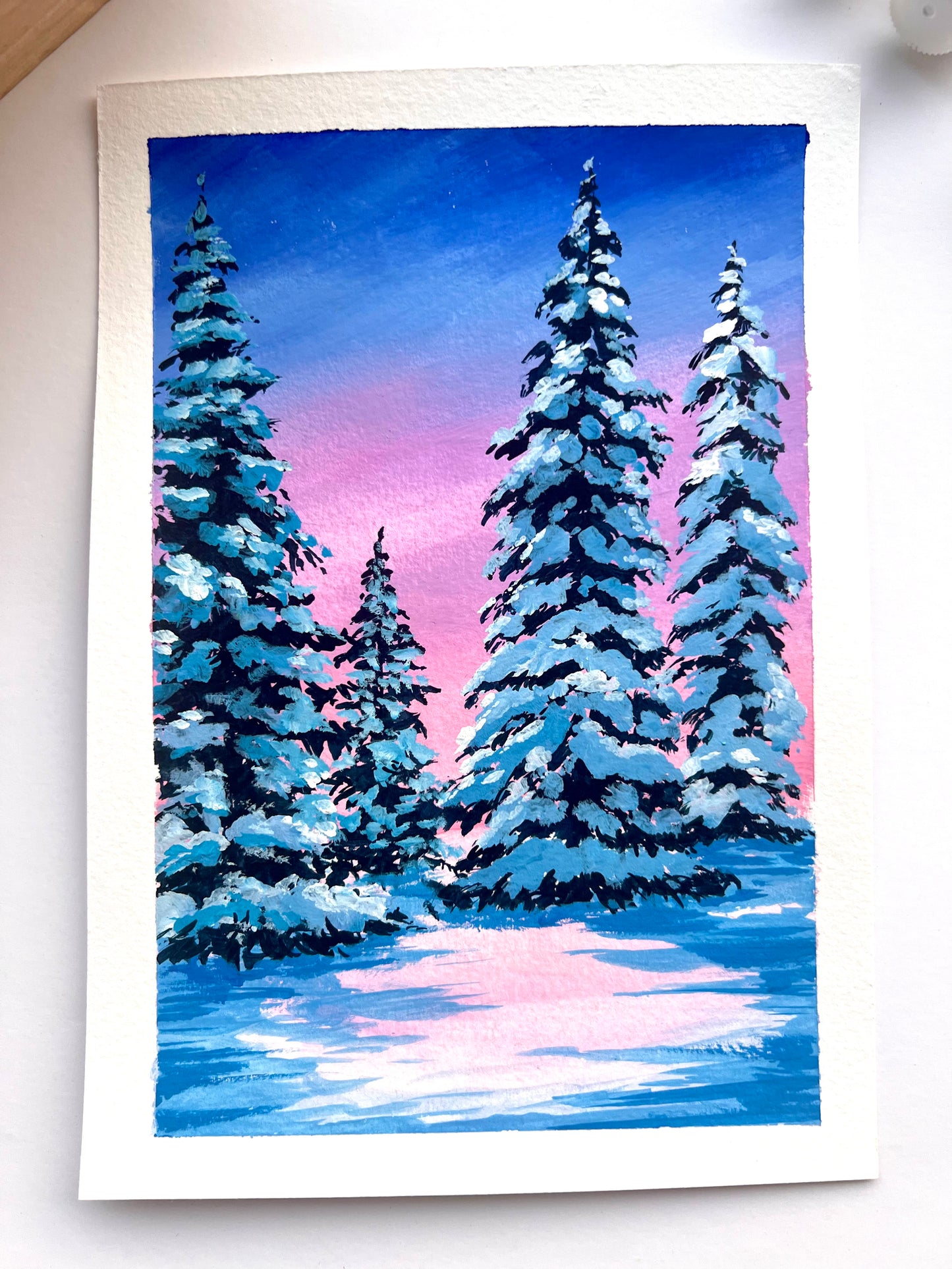 Snow covered Pine trees Winter painting
