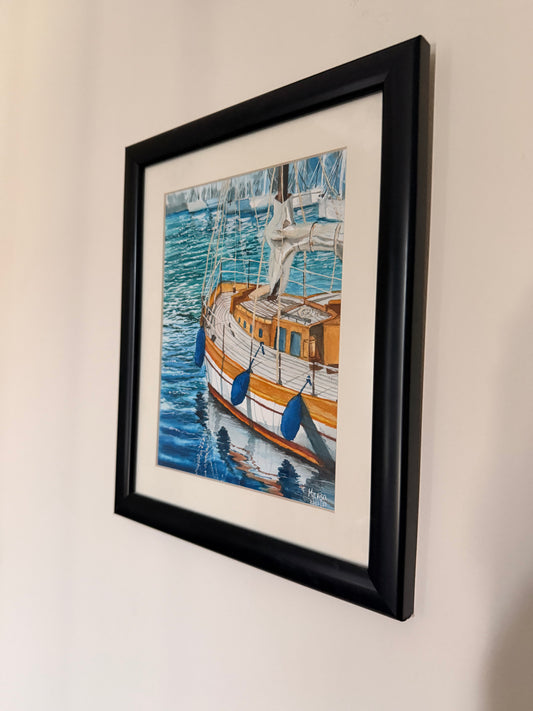 Boat by the bay watercolor painting framed