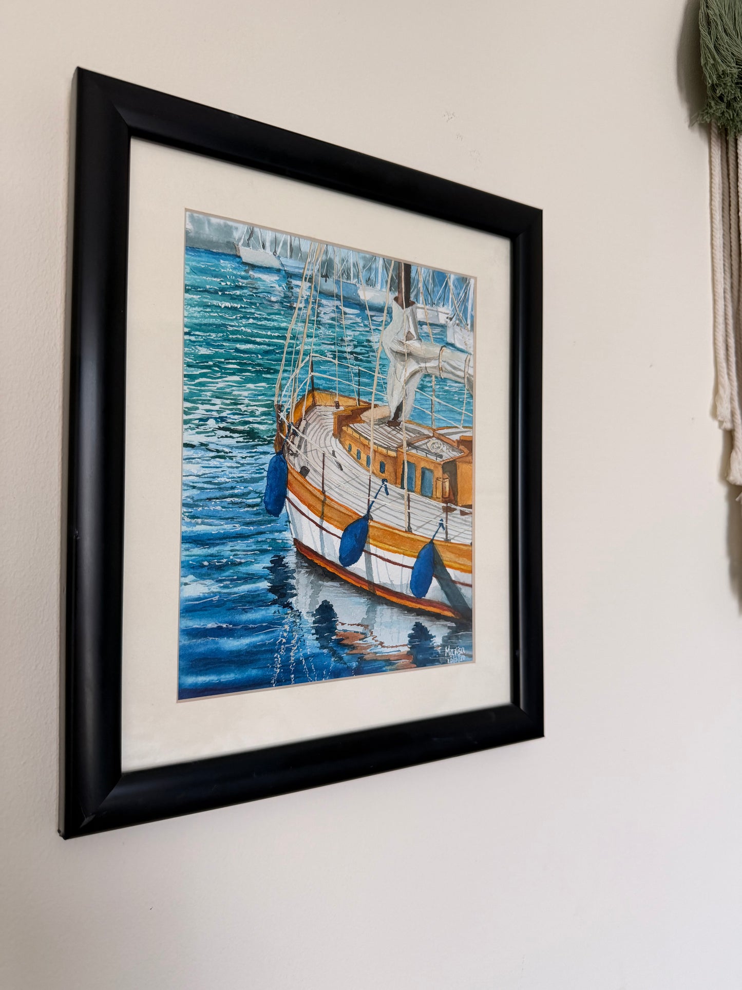 Boat by the bay watercolor painting framed
