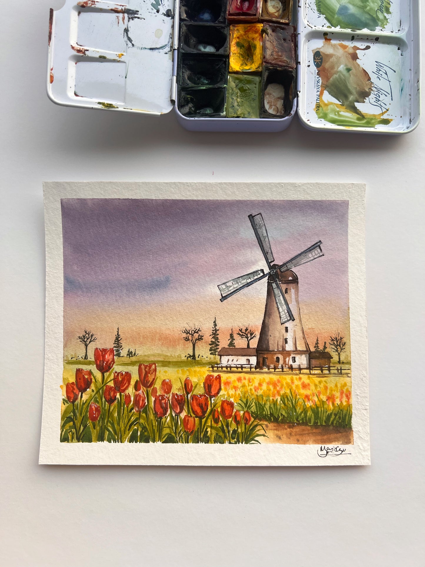 windmill Netherlands painting watercolor