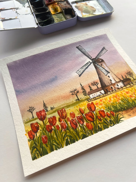 windmill Netherlands painting watercolor