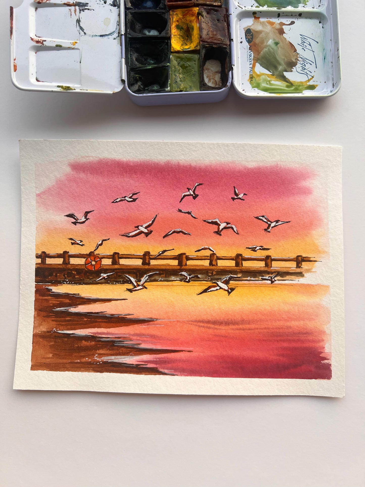 Seagulls on beach painting