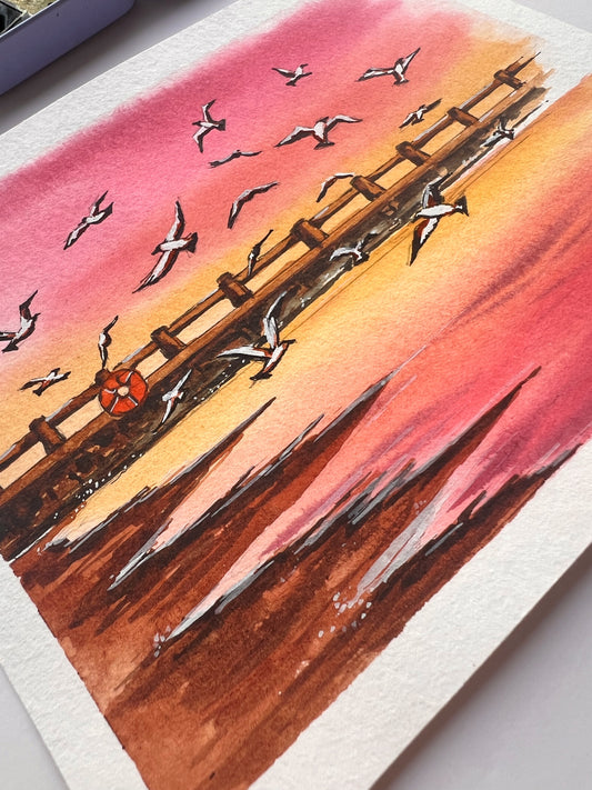 Seagulls on beach painting