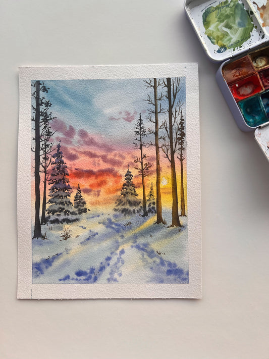 Sunset winter sky in watercolors