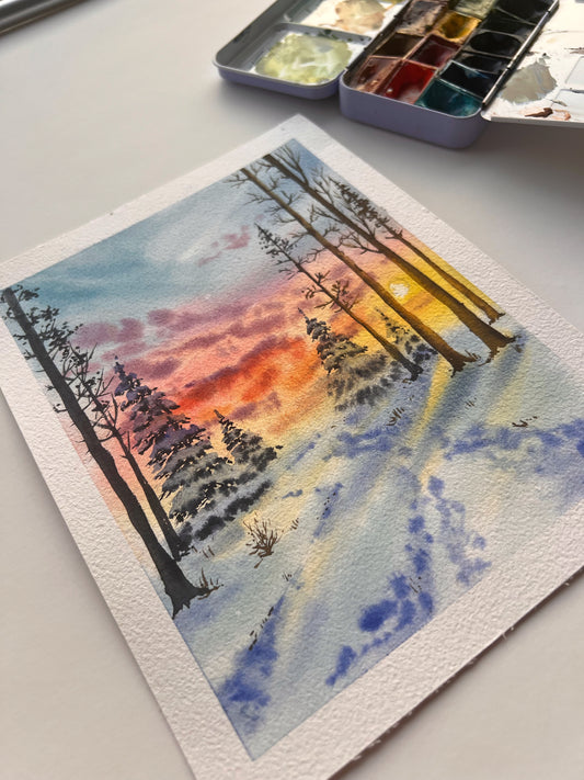 Sunset winter sky in watercolors