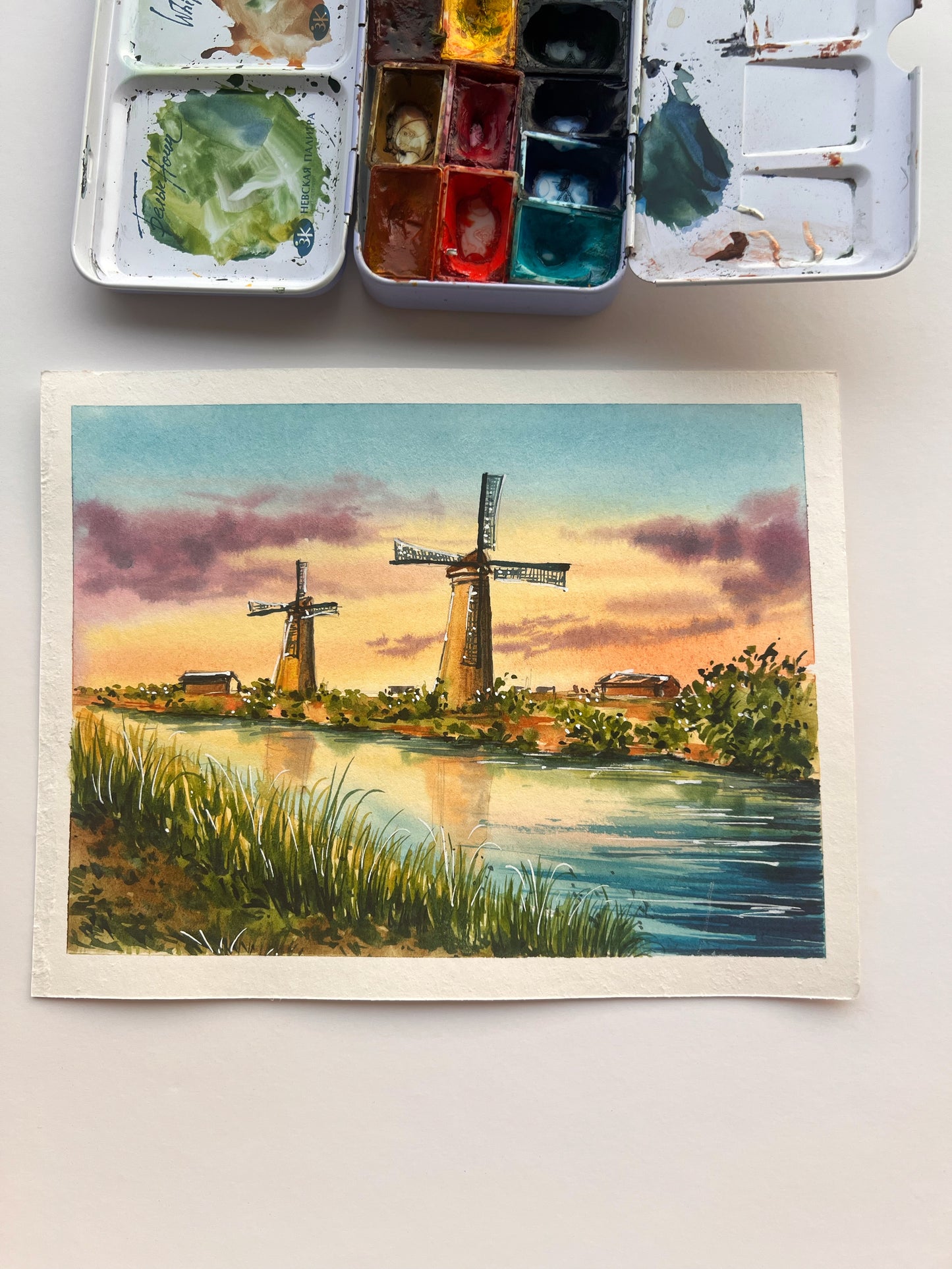 Netherlands windmills watercolor painting sunset