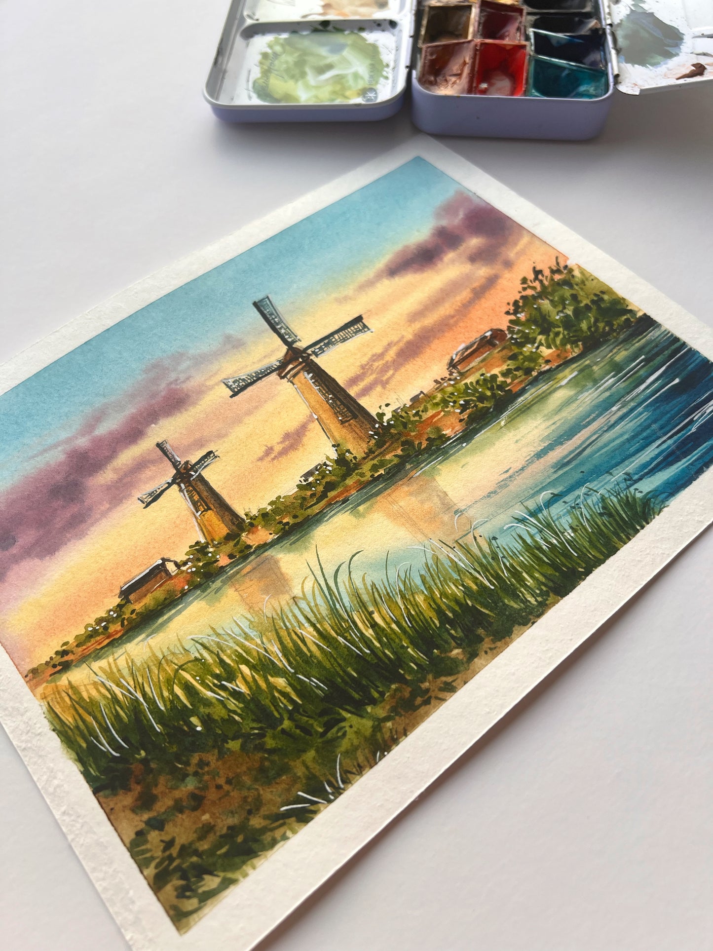 Netherlands windmills watercolor painting sunset