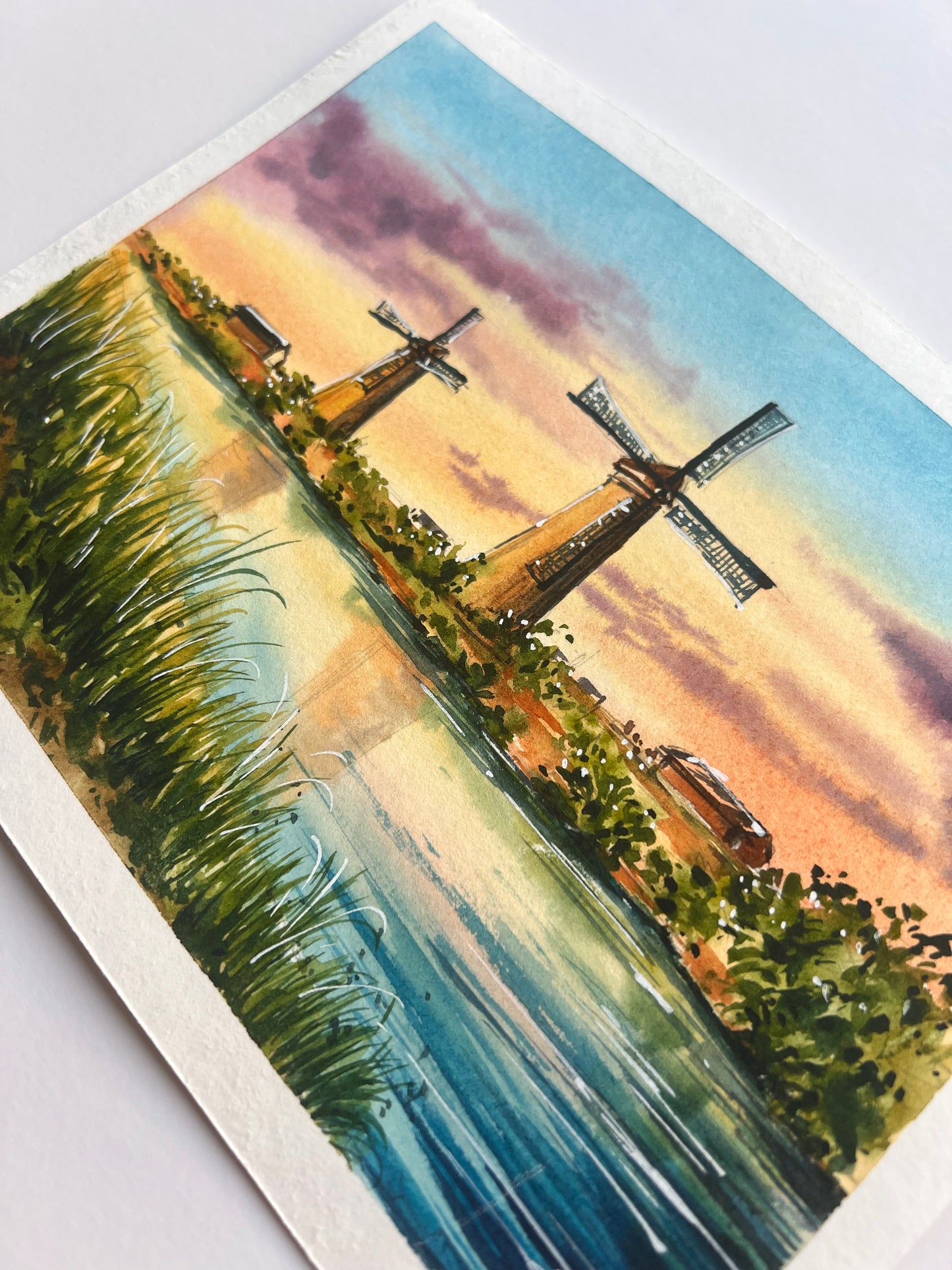 Netherlands windmills watercolor painting sunset