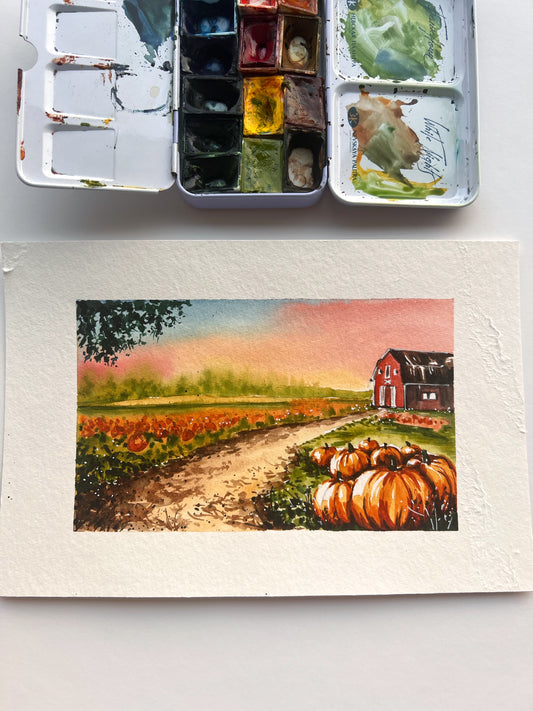 autumn theme pumpkin field landscape watercolor painting