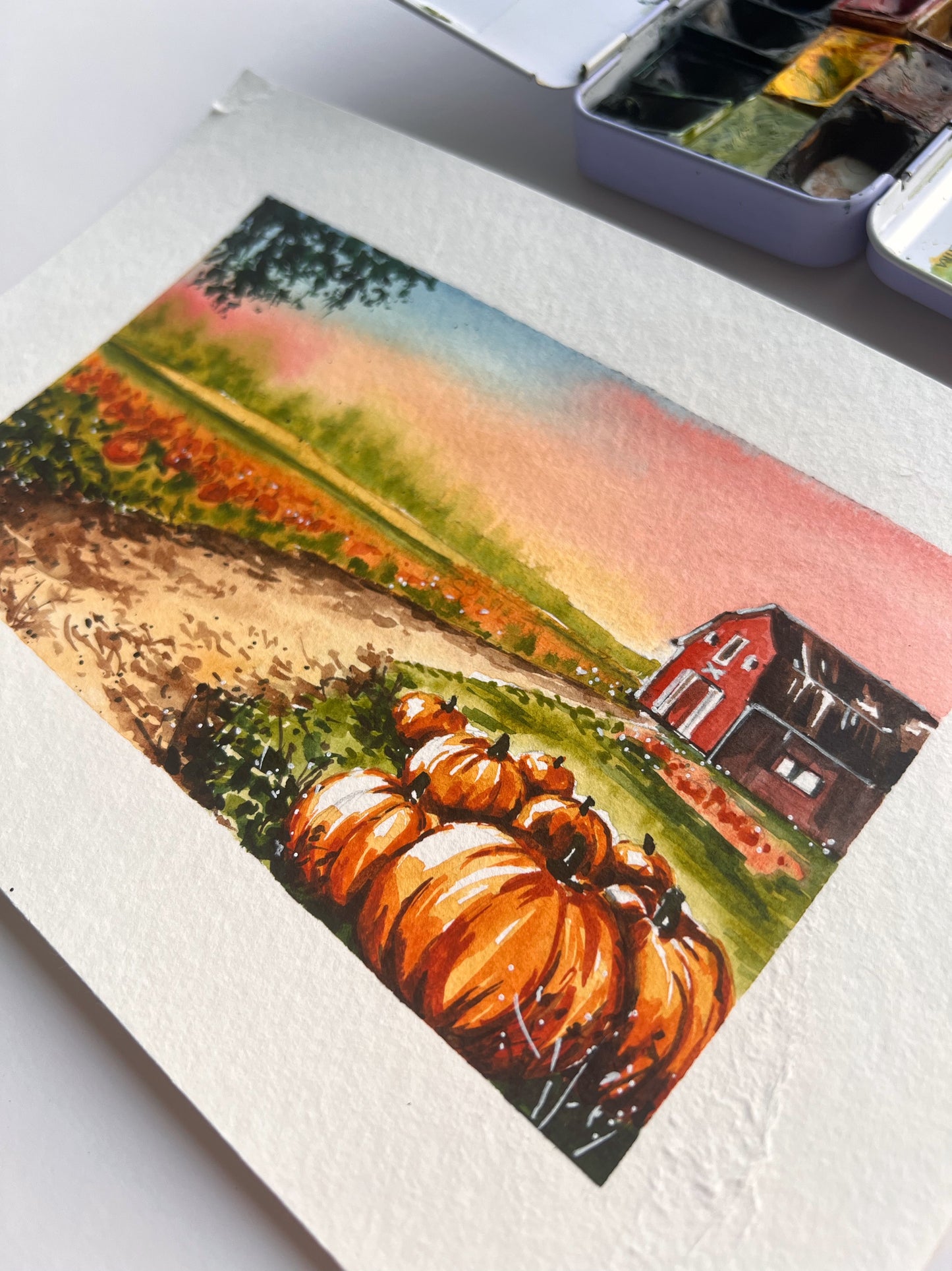 autumn theme pumpkin field landscape watercolor painting
