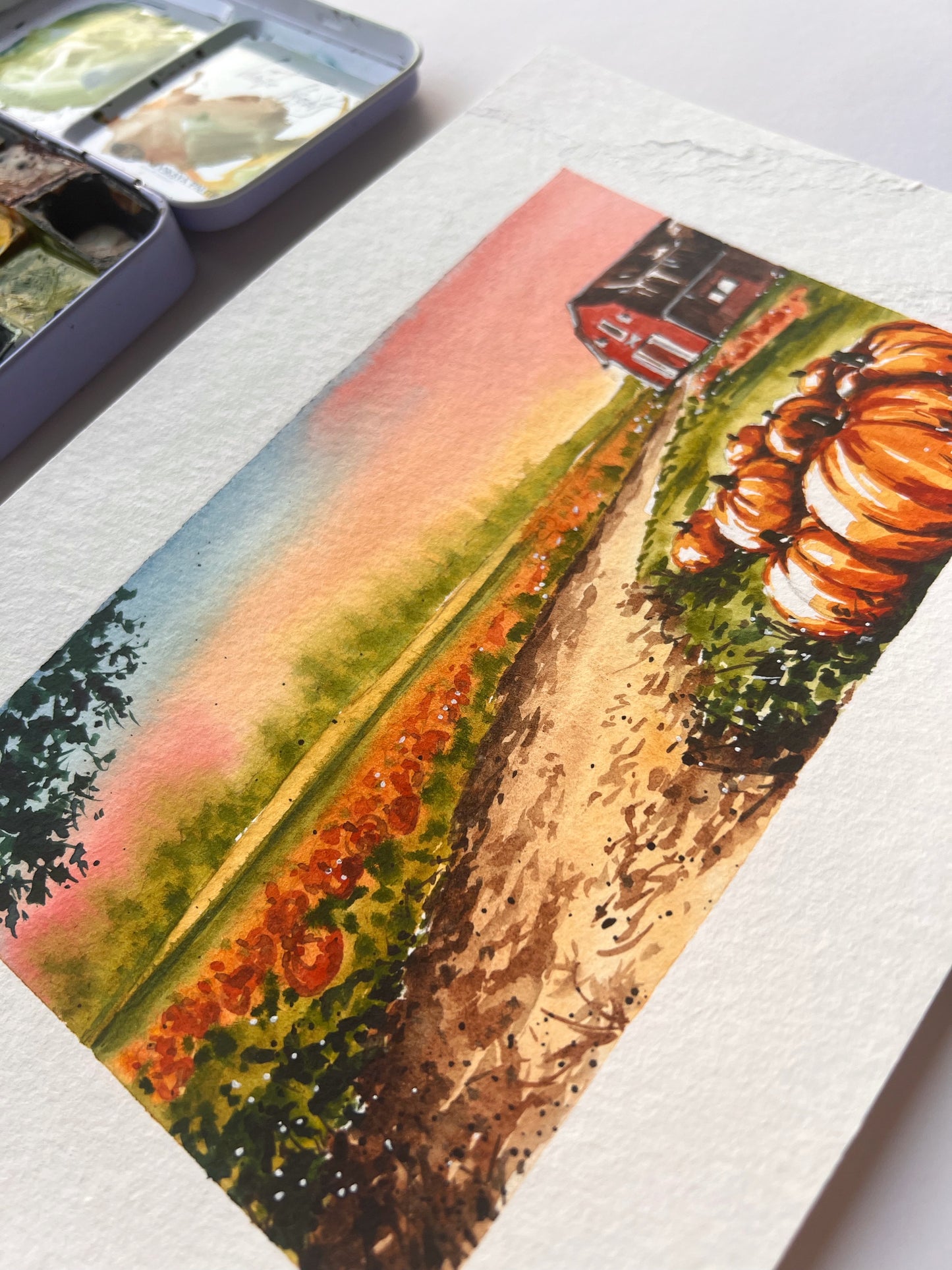 autumn theme pumpkin field landscape watercolor painting