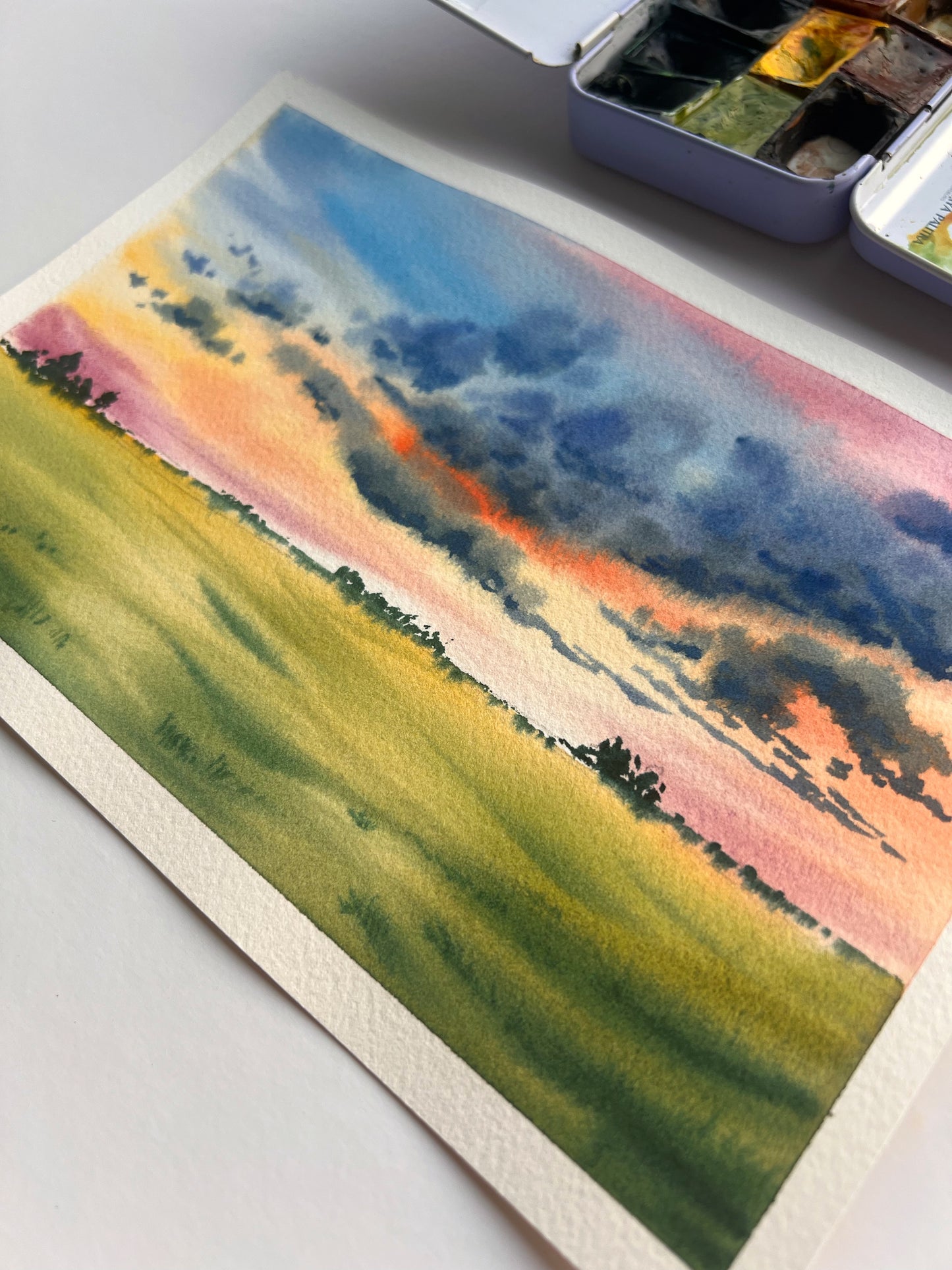 soft fluffy clouds and field watercolor painting