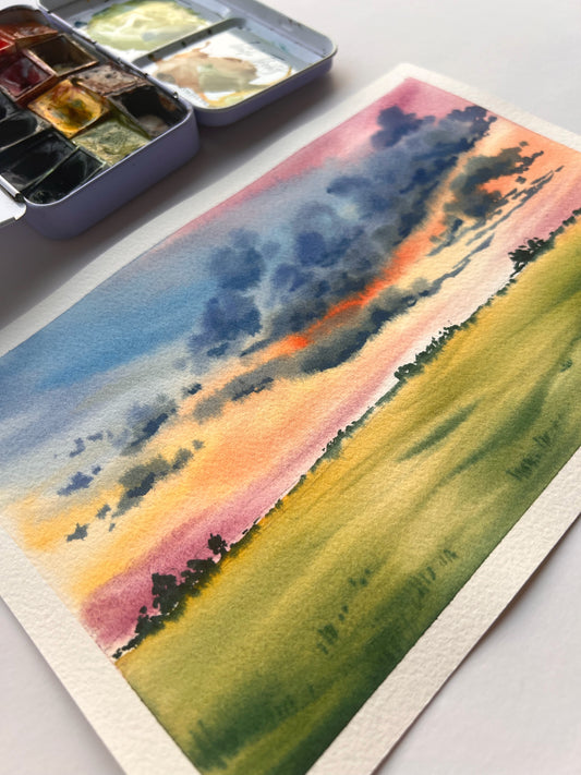 soft fluffy clouds and field watercolor painting