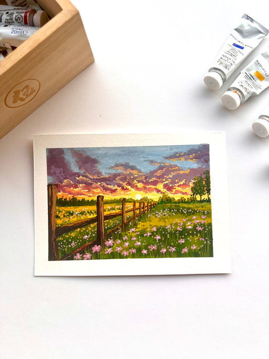 Wild flower field cloudy sunset painting