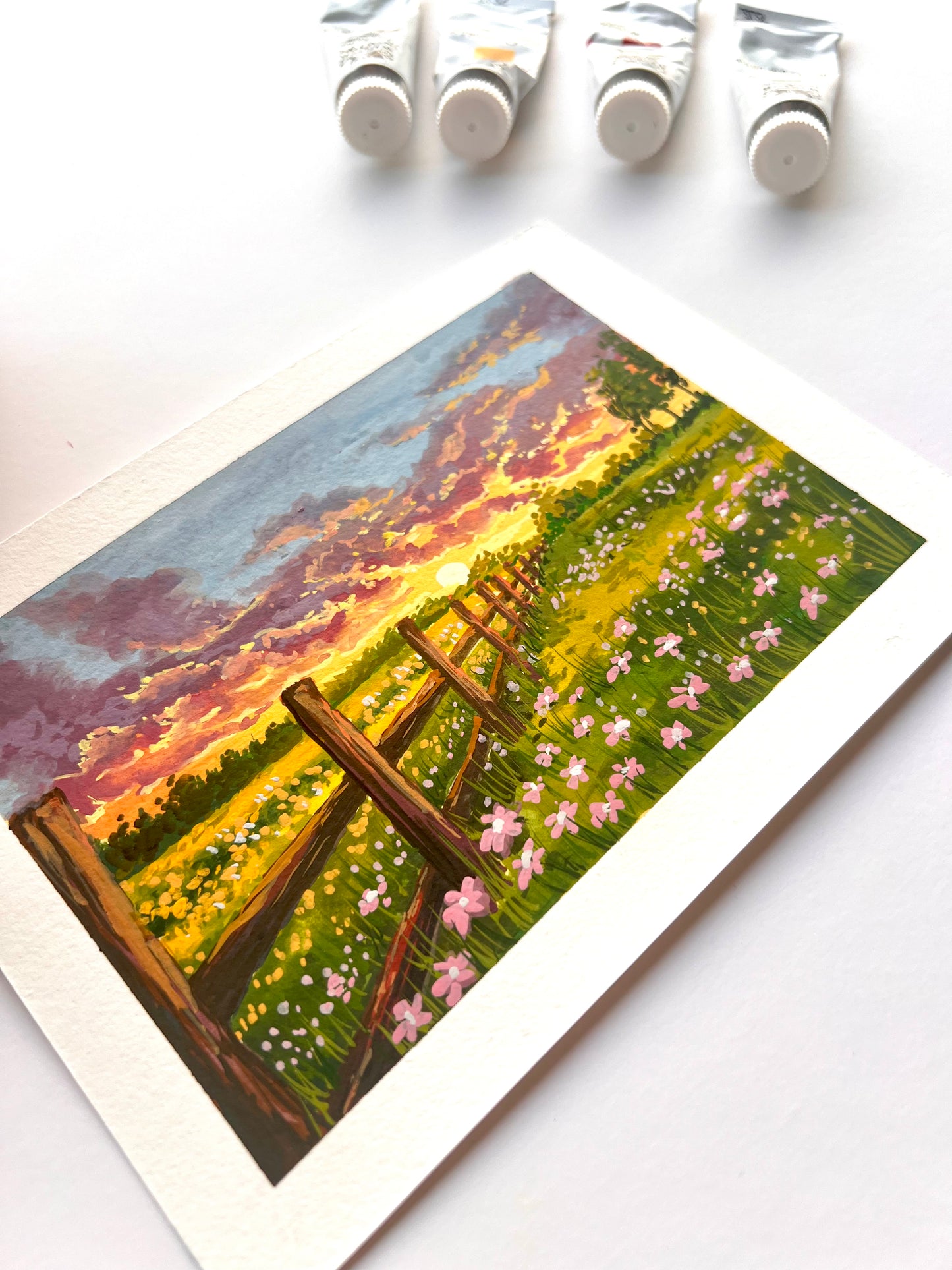 Wild flower field cloudy sunset painting