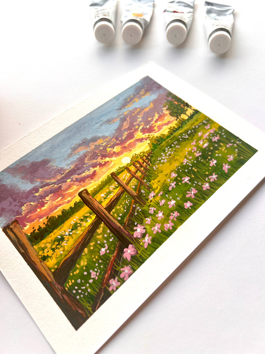 Wild flower field cloudy sunset painting