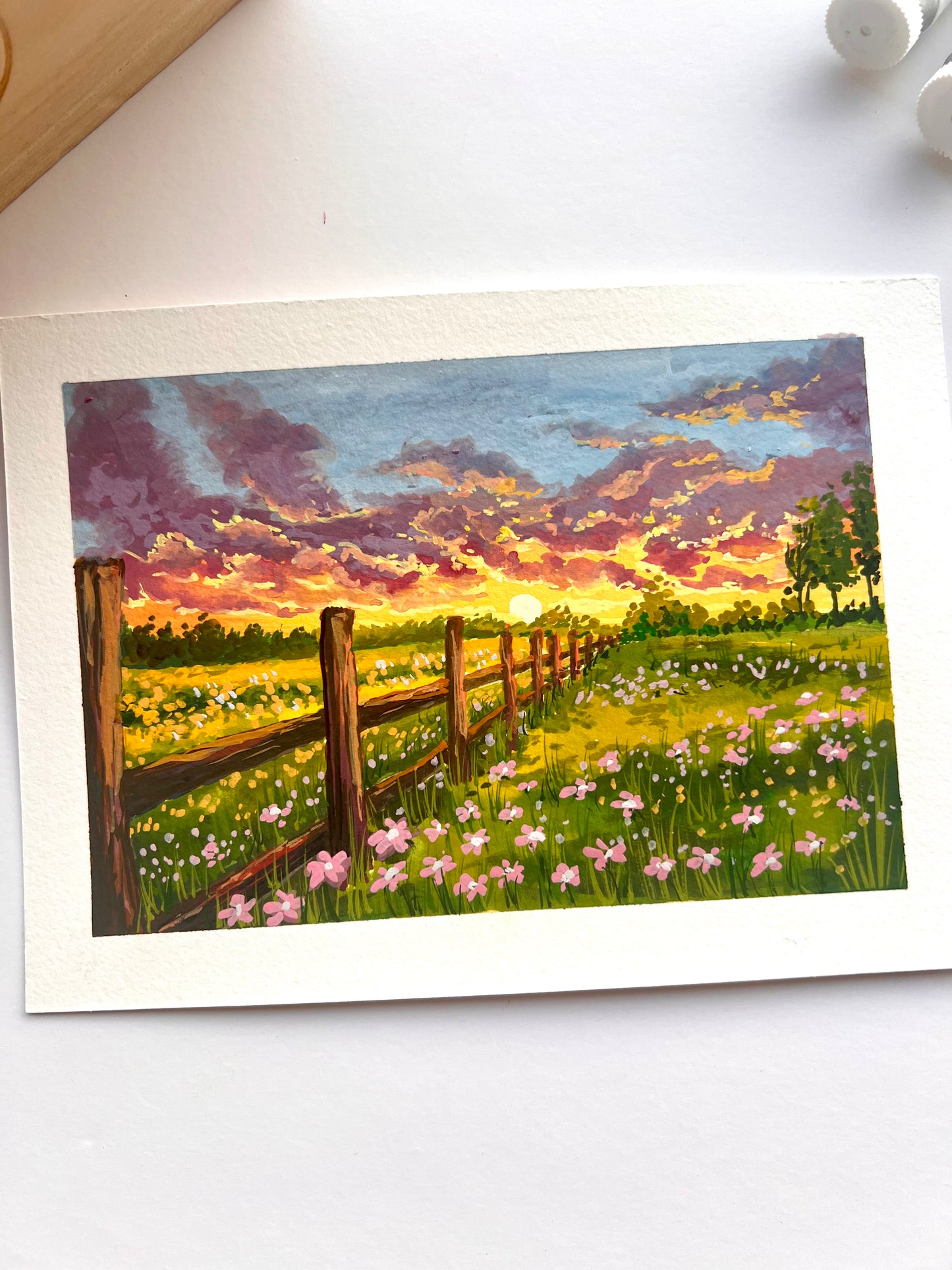 Wild flower field cloudy sunset painting