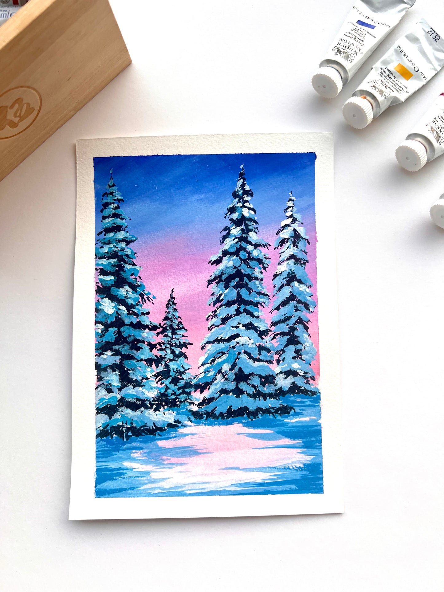 Snow covered Pine trees Winter painting