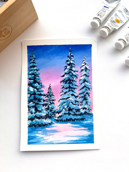 Snow covered Pine trees Winter painting