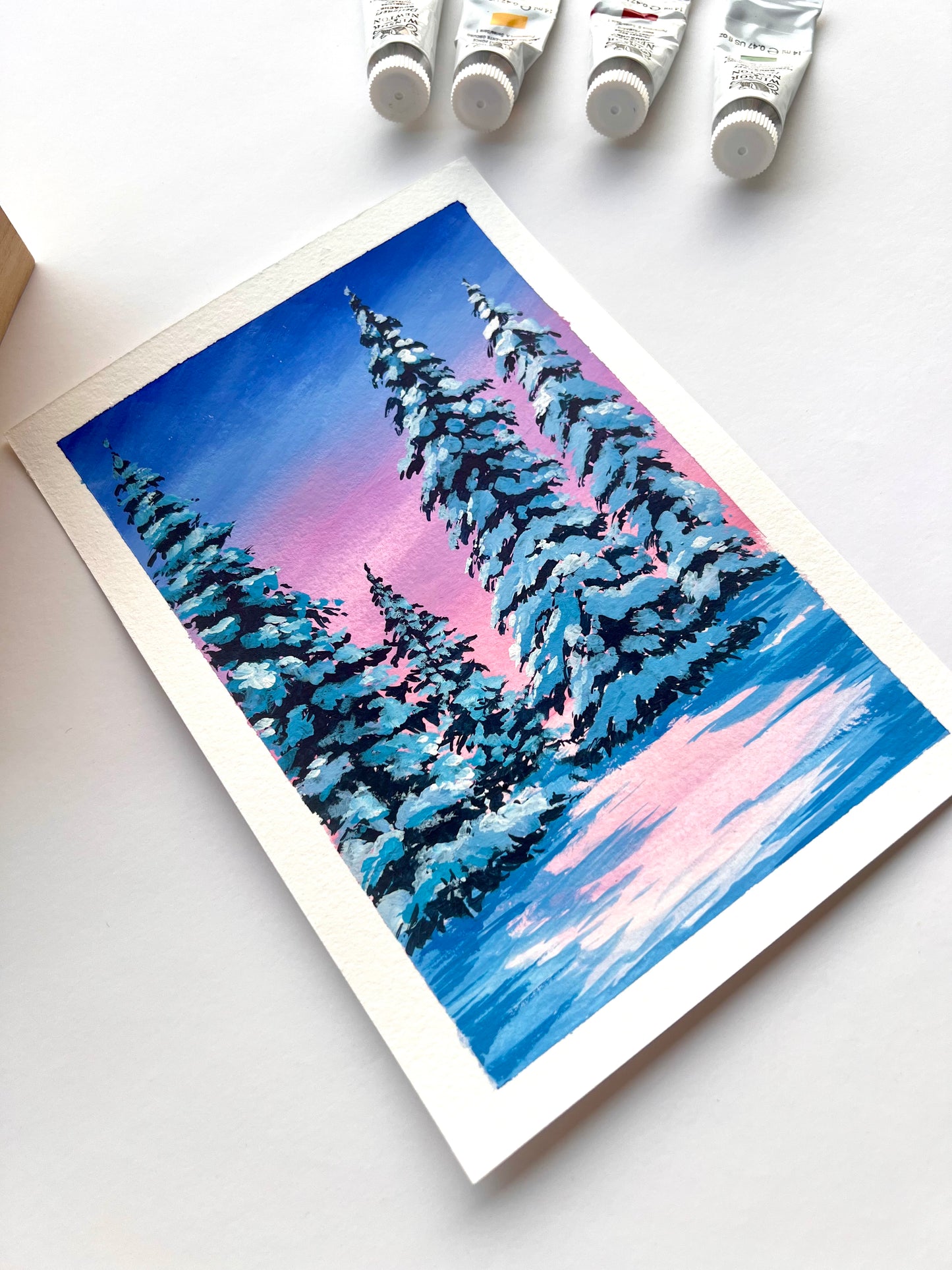 Snow covered Pine trees Winter painting