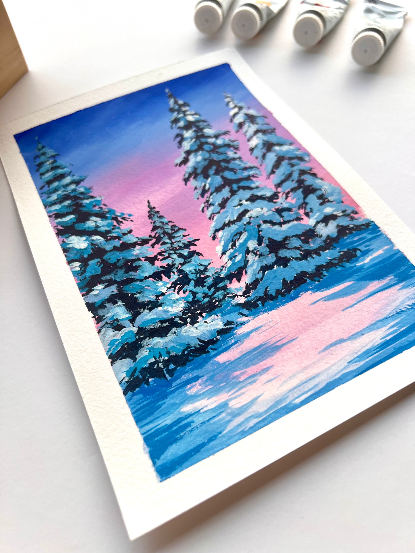 Snow covered Pine trees Winter painting
