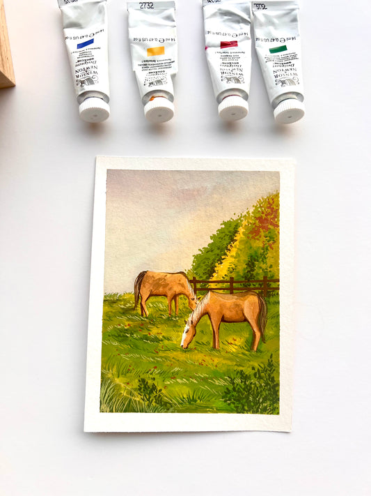 Horses grazing painting