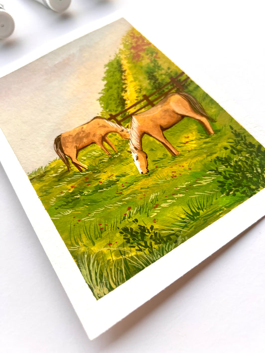 Horses grazing painting