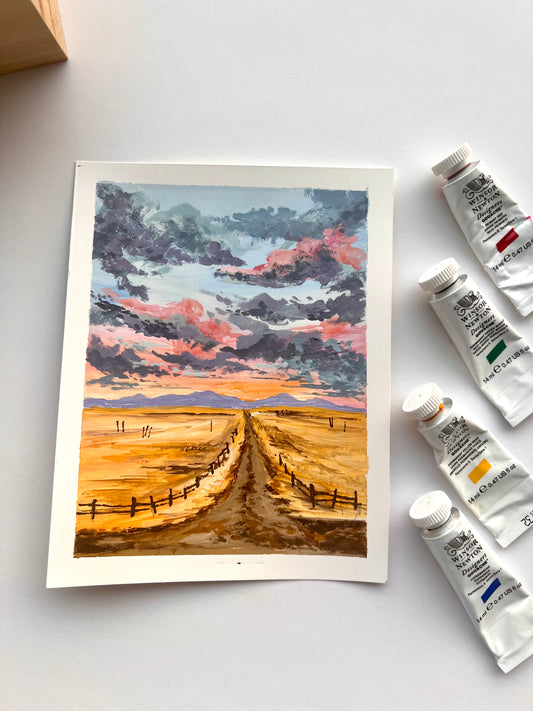 Open field cloudy painting